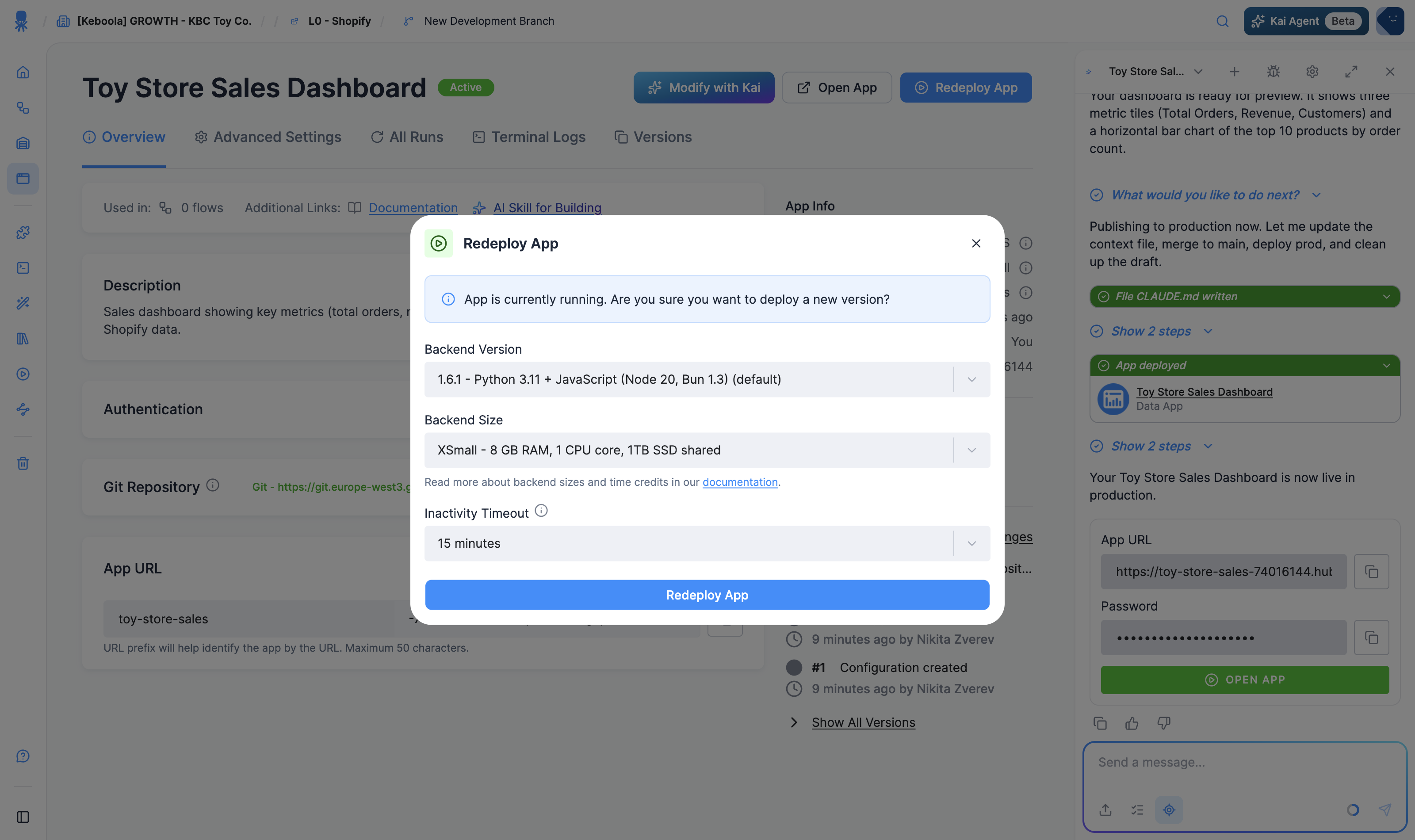 The deploy/redeploy wizard: backend version, backend size and inactivity timeout